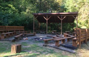Picnic shelter with fire pit at Magness Memorial Tree Farm