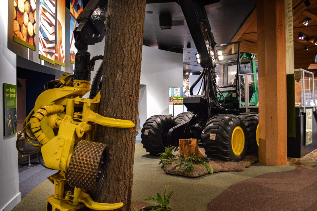 Timberjack Harvester in Museum gripping a tree trunk.