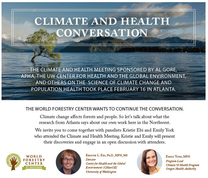 Climate and Health Conversation flyer text on an imge of a lake with a tree coming out of the water.