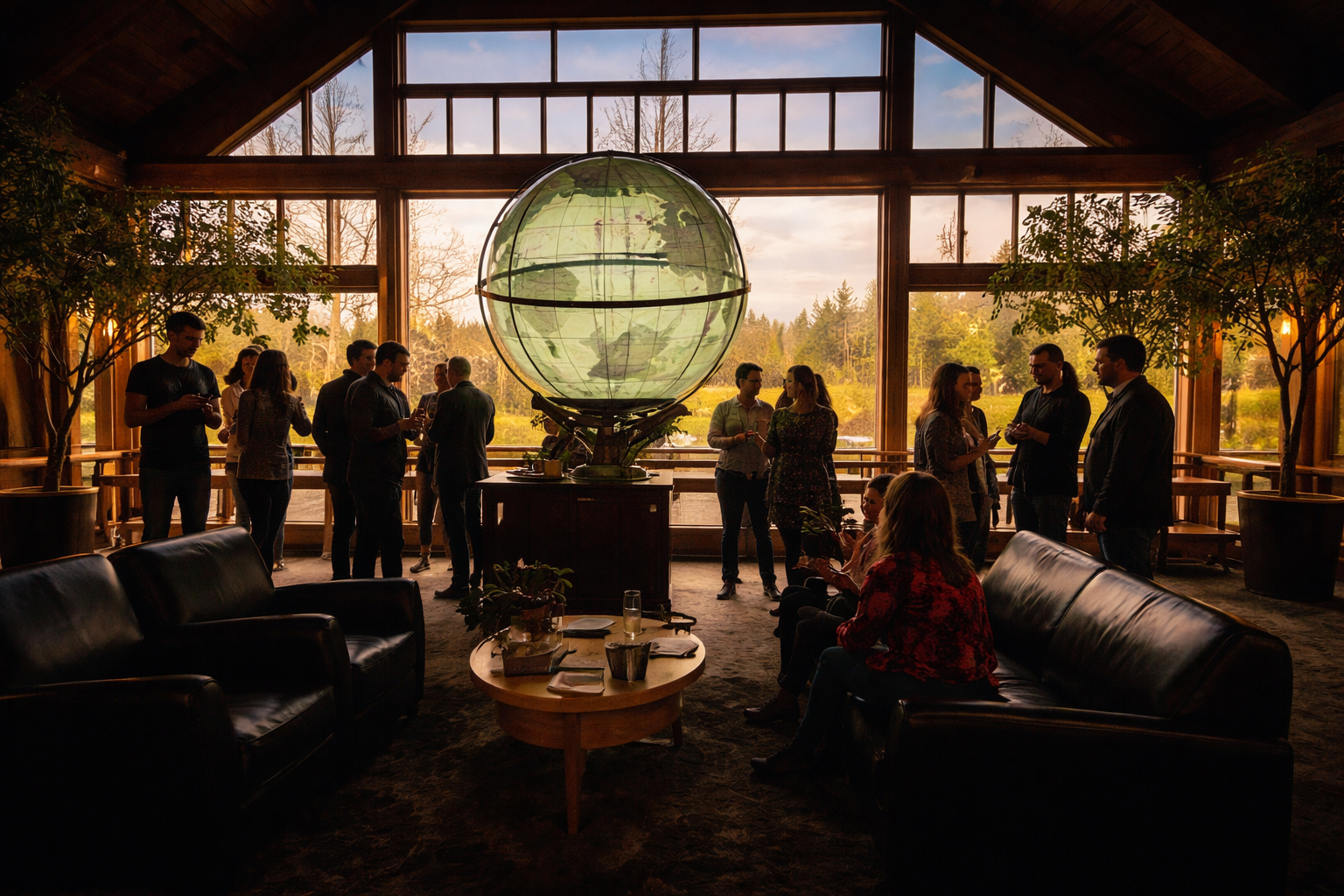 Guests gathered around a large illuminated globe inside World Forestry Center’s lobby